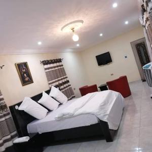a bedroom with a bed and two red chairs at Pentagon Hotel and Suites in Umueme