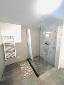 a shower with a glass door in a bathroom at Blue Sun in Ljubljana
