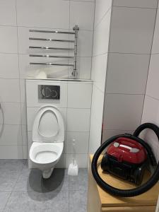 a small bathroom with a toilet and a hose at Apartment in Bromma close to Stockholm City in Stockholm
