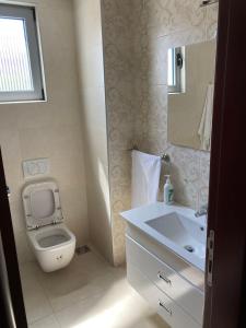 een badkamer met een toilet, een wastafel en een spiegel bij Apartman Edi 1 in Bar