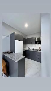 eine Küche mit einem Kühlschrank und einer Theke darin in der Unterkunft Olympos Bungalov & Villa in Dalaman