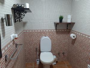 uma casa de banho com WC numa casa de banho em azulejo em Peña del Castillo em La Iruela