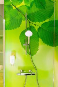 Hotel Waldmühle في تسيلا-ميليس: دش في حمام مع جدار أخضر