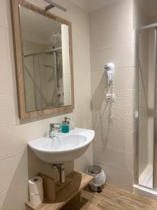 a bathroom with a sink and a mirror and a shower at San Giuseppe Casa per Ferie in Quercianella