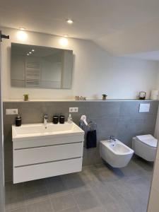 a bathroom with a sink and a toilet at Ermmes Ferienwohnungen in Sinsheim