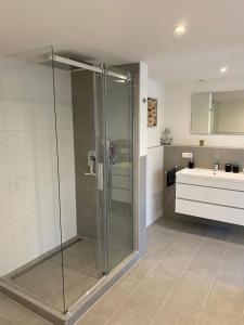 a bathroom with a glass shower and a sink at Ermmes Ferienwohnungen in Sinsheim