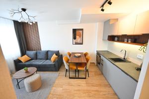 a kitchen and living room with a table and a couch at Tasa Apartmani in Zlatibor