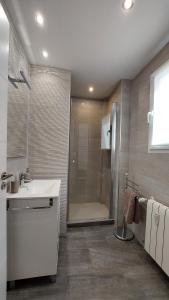 y baño con ducha y lavamanos. en Ático Ángela en Valladolid