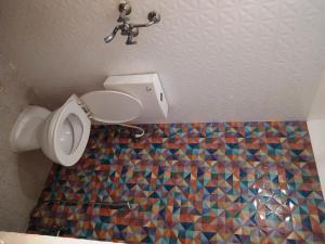 a bathroom with a toilet and a mosaic tile floor at SUKH PALACE in Shamsgarh