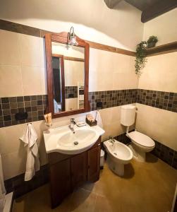 a bathroom with a sink and a toilet and a mirror at Il Rifugio del Brigante in Sante Marie +2 photos