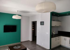 コウォブジェクにあるCicha Przystań - Apartament Wyspa Solnaの緑と白の壁のリビングルーム(薄型テレビ付)