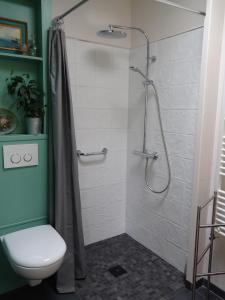 La salle de bains est pourvue d'une douche, de toilettes et d'un lavabo. dans l'établissement Chambre d'hôtes sur jardin acces PMR, à Caen