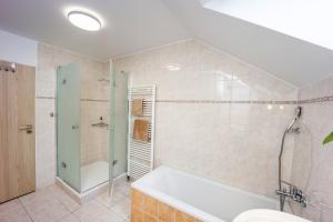 a bathroom with a shower and a bath tub at Vinařský apartmán Špalek in Nový Šaldorf