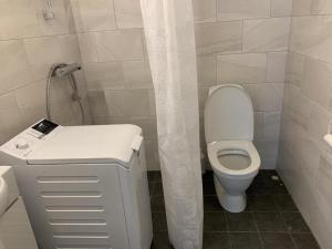 a bathroom with a toilet and a shower curtain at Inviting Apartment in Kista Stockholm in Stockholm