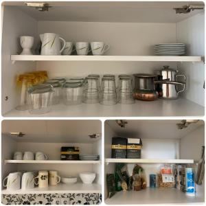 two pictures of a kitchen pantry with food items at Sarajevo Apartment in Sarajevo