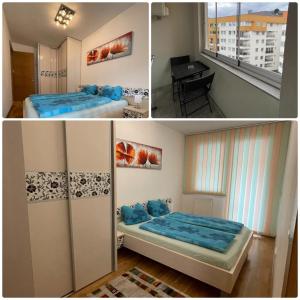 2 fotos de un dormitorio con cama y escritorio en Sarajevo Apartment, en Sarajevo