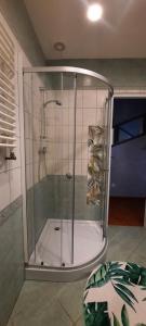 a shower with a glass enclosure in a bathroom at Kamienica 1910 roku in Morąg +3 photos