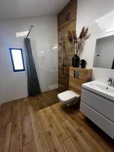 a bathroom with a toilet and a sink and a shower at Apartamenty BLAST nad morzem Chłopy in Chłopy