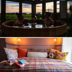 a woman in a bath tub with a bed at Cosy Cottage with Spa, Catering, Nature Reserve Walks, Large Garden, Free Parking - Self Checkin in Scunthorpe
