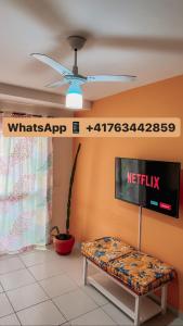 ウバトゥバにあるApartamento Ubatubaの天井ファンとテレビのあるリビングルーム