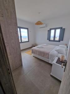 een slaapkamer met een bed en 2 ramen bij Aerial Apartment in Karterados