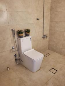شقة جمان طيبة Joman Taibah Apartment في المدينة المنورة: حمام به مرحاض وبه اثنين من النباتات الفخارية