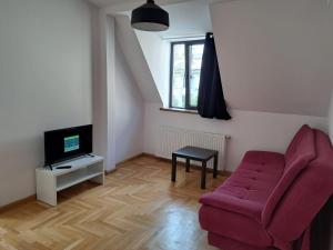 a living room with a red couch and a tv at Vila Ris Bucharest Unirii ,Centru in Bucharest