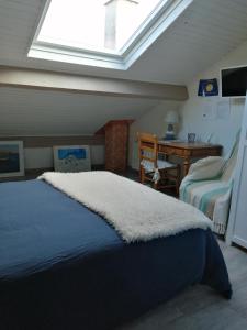 um quarto com uma cama e uma clarabóia em Maison d'hôtes le clos de la Presle, Compostelle em Saint-Georges-Haute-Ville