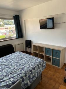 - une chambre avec un lit, un bureau et une télévision dans l'établissement STUDIO CASSIS, à Cassis