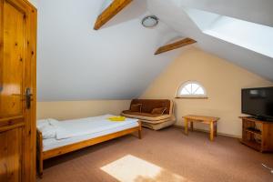 a room with a bed and a couch and a tv at Dworek u Leszczyńskich in Gościszewo