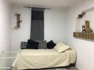 Un dormitorio con una cama con almohadas negras y una ventana en Habitación doble en Luján de Cuyo
