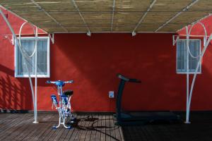 a gym with two exercise bikes in front of a red wall at Casale dello Zio, private pool by IL PUMO DI PUGLIA in Castellana Grotte