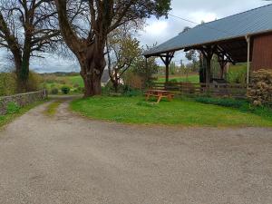 un refugio de picnic con una mesa de picnic en la hierba en Gite au calme près de Quimper. en Landrévarzec