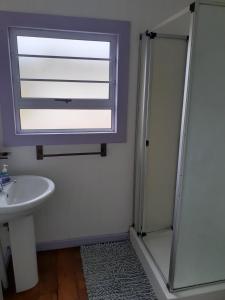 baño con ducha, lavabo y ventana en Granny flat, en Seafield