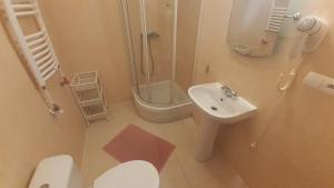 a bathroom with a toilet and a sink and a shower at Pensjonat Belona in Dziwnów +47 photos