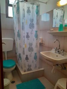 a bathroom with a toilet and a shower curtain at Artemis Rooms in Agia Marina Aegina