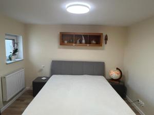 ein Schlafzimmer mit einem großen weißen Bett in einem Zimmer in der Unterkunft Winnica pod Skrzydłami in Santok