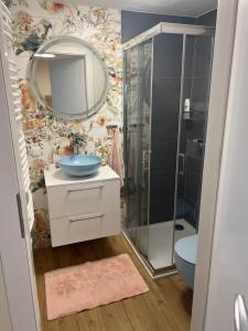 a bathroom with a sink and a shower with a mirror at Winnica pod Skrzydłami in Santok