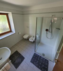 a bathroom with a shower and a toilet and a sink at Appartements Lena in Merano