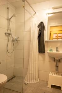 y baño con ducha y lavamanos. en Sophienmühle I Nähe Carolinensiel, en Wangerland