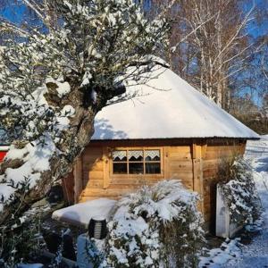 eine Holzhütte mit einem schneebedeckten Dach in der Unterkunft Au Hameau de l'Ecluse proche Europa-Park in Marckolsheim