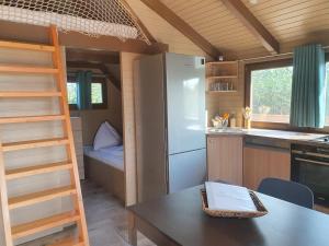 a kitchen with a refrigerator and a table and a ladder at Chalet im See- Nr 44 in Rust