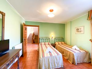 two beds in a room with green walls at Posada Los Leones in Berlanga de Duero