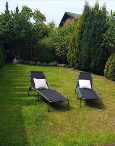 twee stoelen op het gras in een tuin bij Kamin-Haus-Nr-2-mit-Sauna-in-Burg in Fehmarn