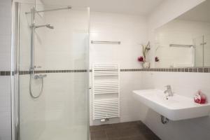 ein weißes Bad mit einem Waschbecken und einer Dusche in der Unterkunft Residenz am Balmer See - BS 09 mit Wellnessbereich in Balm