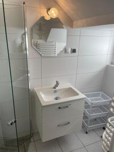 a bathroom with a sink and a mirror at Hacjenda - domek całoroczny in Krasnobród