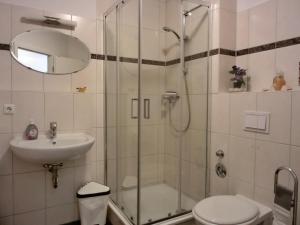 a bathroom with a shower and a toilet and a sink at Ferienwohnung KK26 in Graal-Müritz