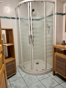 een douche met een glazen deur in de badkamer bij Le Catelan in La Paute