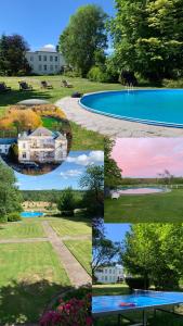 uma colagem de fotos de uma casa e uma piscina em Holiday Home Manoir des Sarts em Cul-des-Sarts