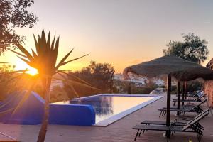 a pool with chairs and an umbrella and a palm tree at Monte das Fontainhas in Pêra